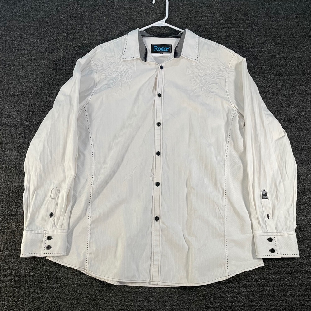 Roar Signature Button Down Shirt Mens 2XL White Embroidered Long Sleeve Good
